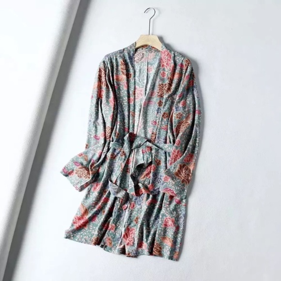 Teal Boho Floral Short Kimono Wrap Coverup Robe - Picture 6 of 15